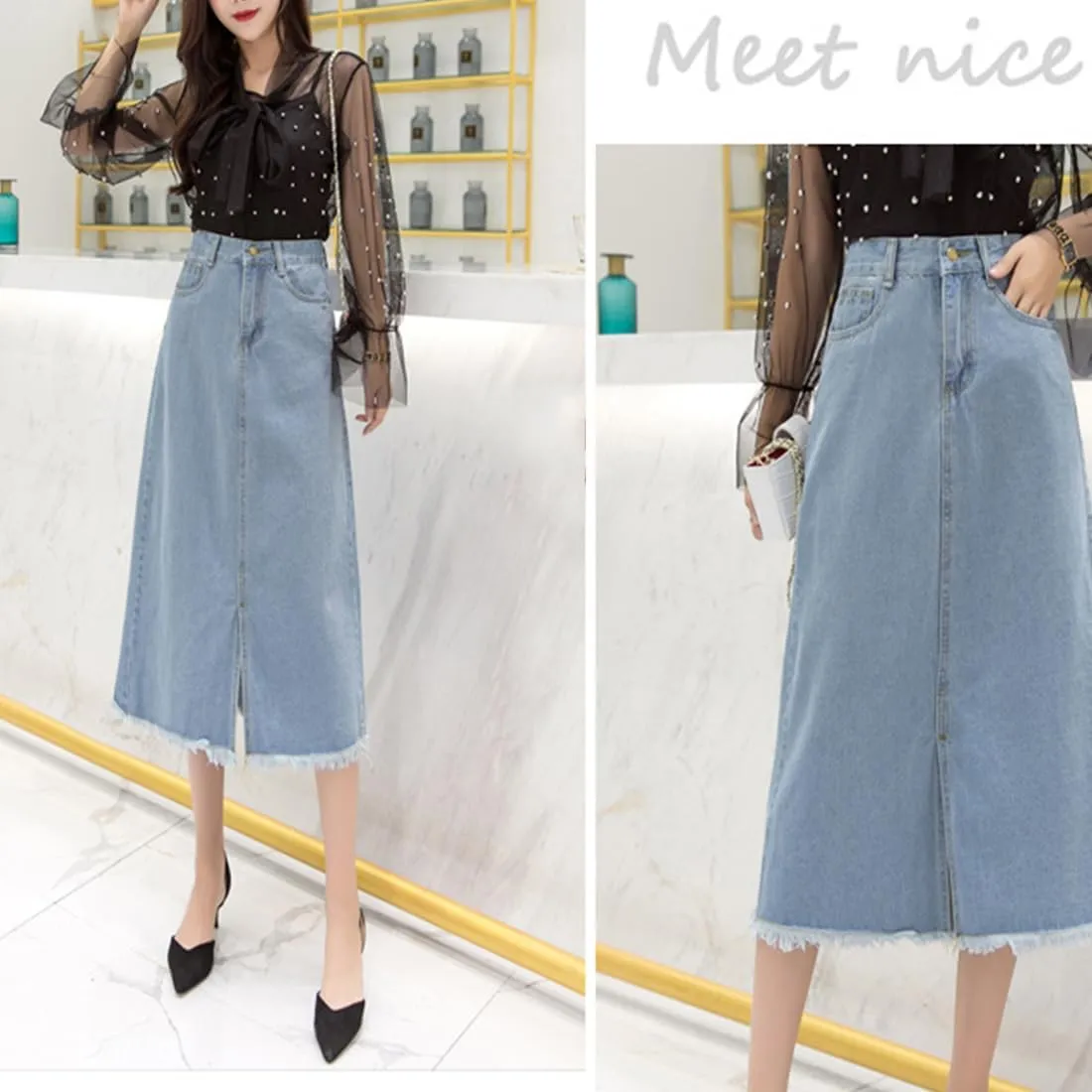 Women's High Waisted A-Line Denim Skirt Distressed Hem Mid-Length Casual Skirt, Vintage Spring Summer Loose Fit Skirts