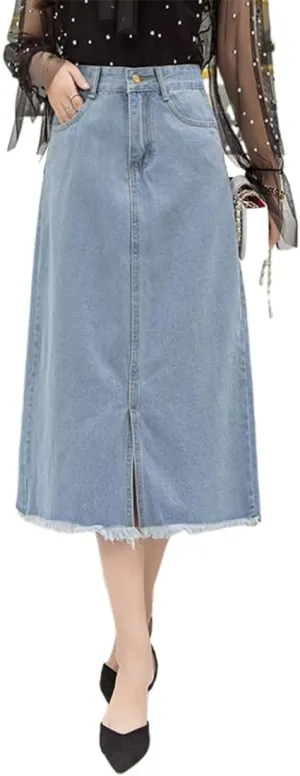 Women's High Waisted A-Line Denim Skirt Distressed Hem Mid-Length Casual Skirt, Vintage Spring Summer Loose Fit Skirts