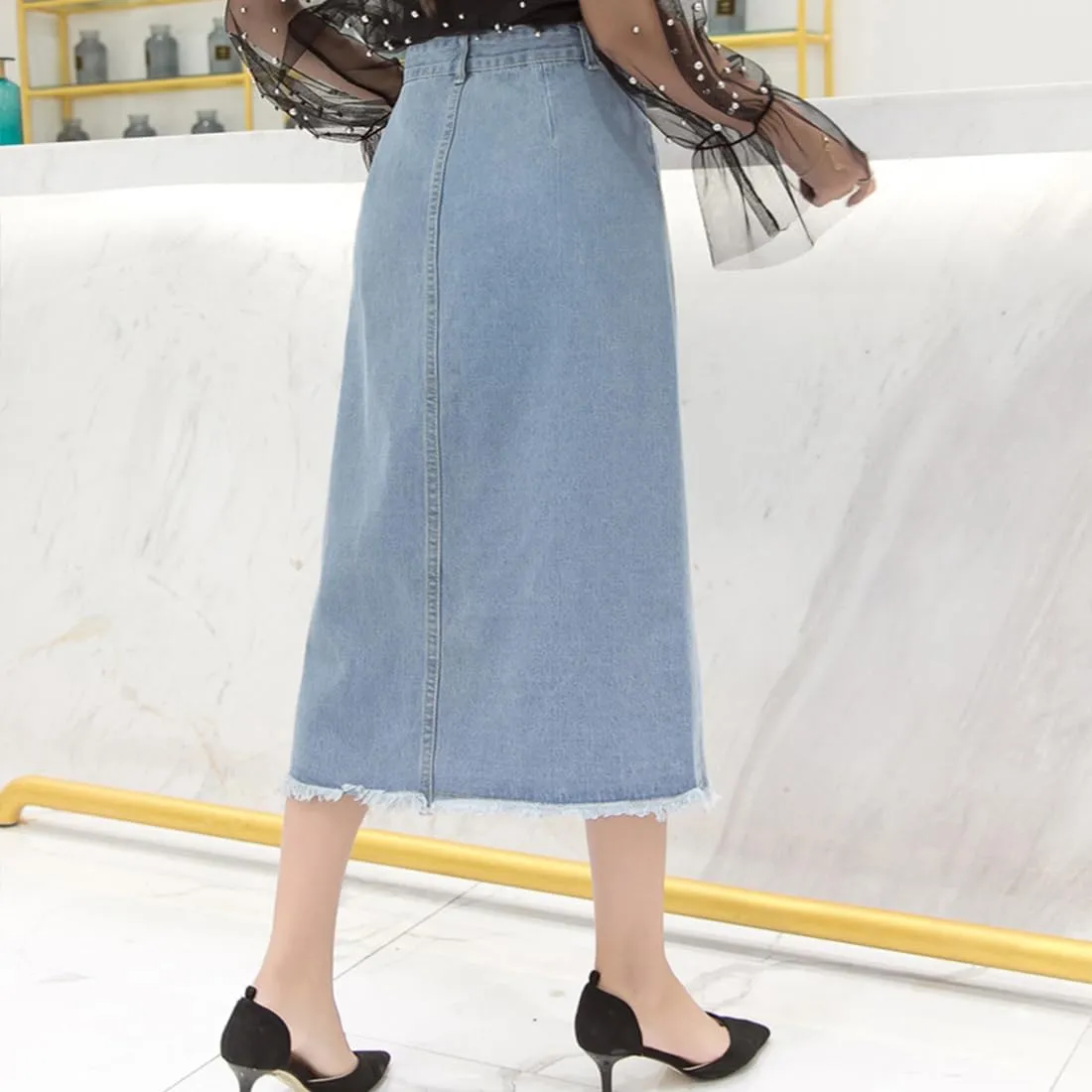 Women's High Waisted A-Line Denim Skirt Distressed Hem Mid-Length Casual Skirt, Vintage Spring Summer Loose Fit Skirts