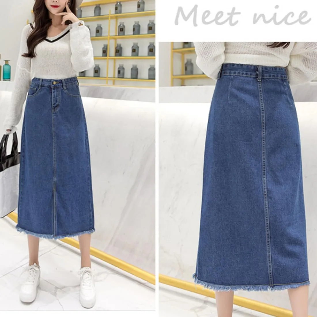 Women's High Waisted A-Line Denim Skirt Distressed Hem Mid-Length Casual Skirt, Vintage Spring Summer Loose Fit Skirts