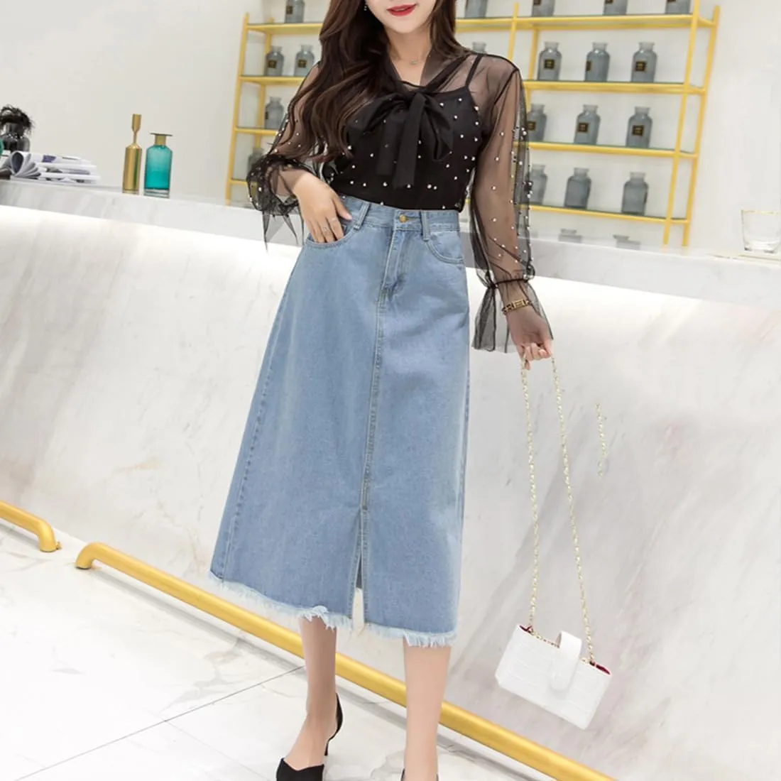 Women's High Waisted A-Line Denim Skirt Distressed Hem Mid-Length Casual Skirt, Vintage Spring Summer Loose Fit Skirts