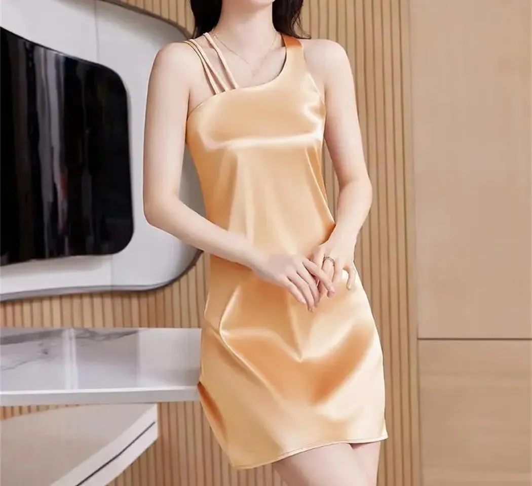 Women's Irregular Silk Satin Dress Summer Sleeveless Casual Beach Party Bodycon Dresses