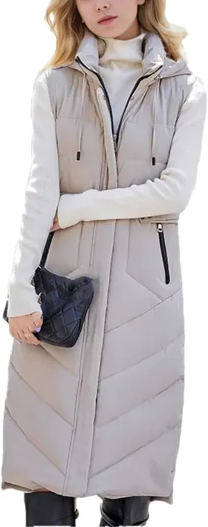 Women's Jacket With Long Cotton Waistcoat Over-The-Knee Hooded Padded Sleeveless Vest Warm Coats