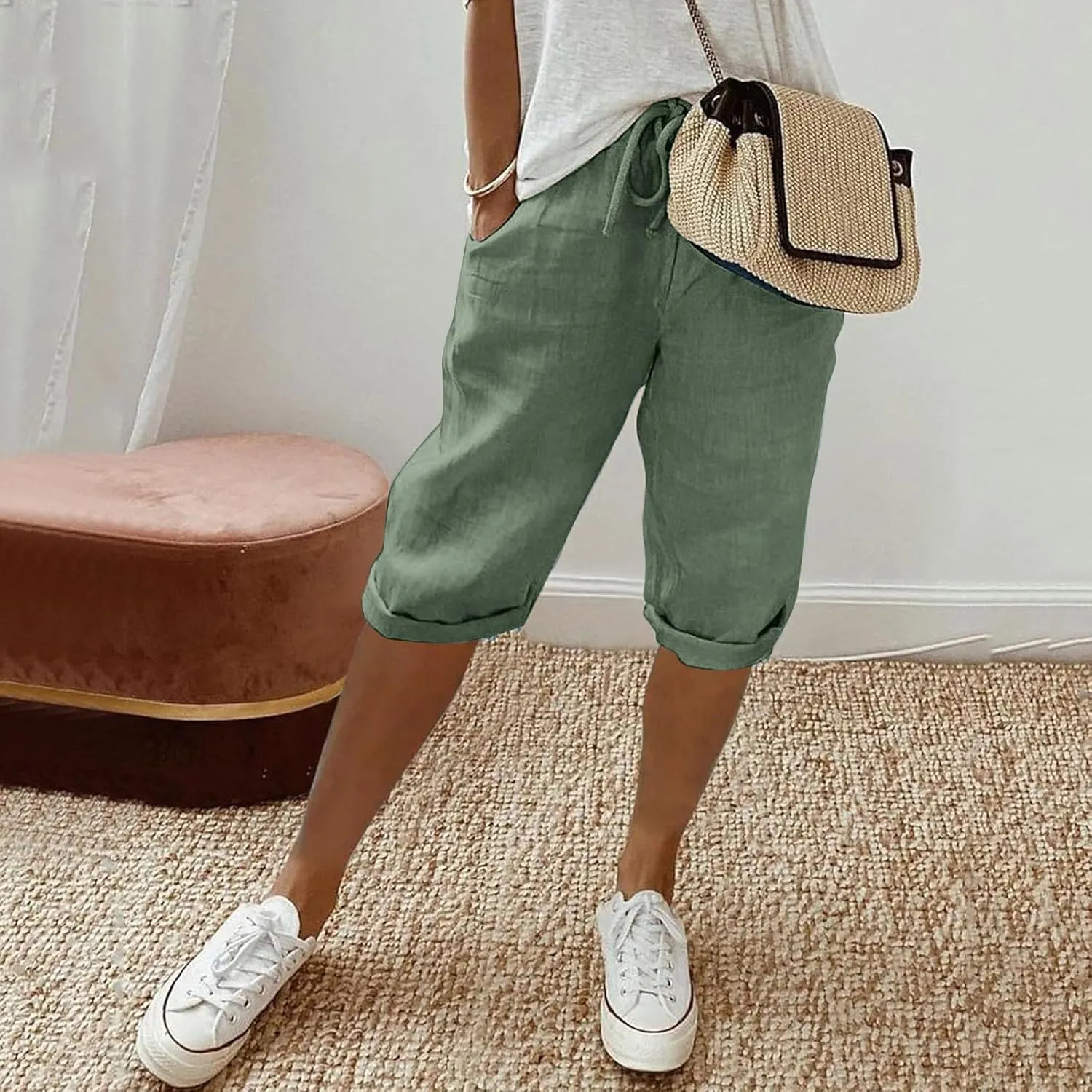Women's Linen Capris 2025 Summer Casual Plus Size Pants Elastic High Waisted Drawstring Rolled Hem Shorts with Pockets