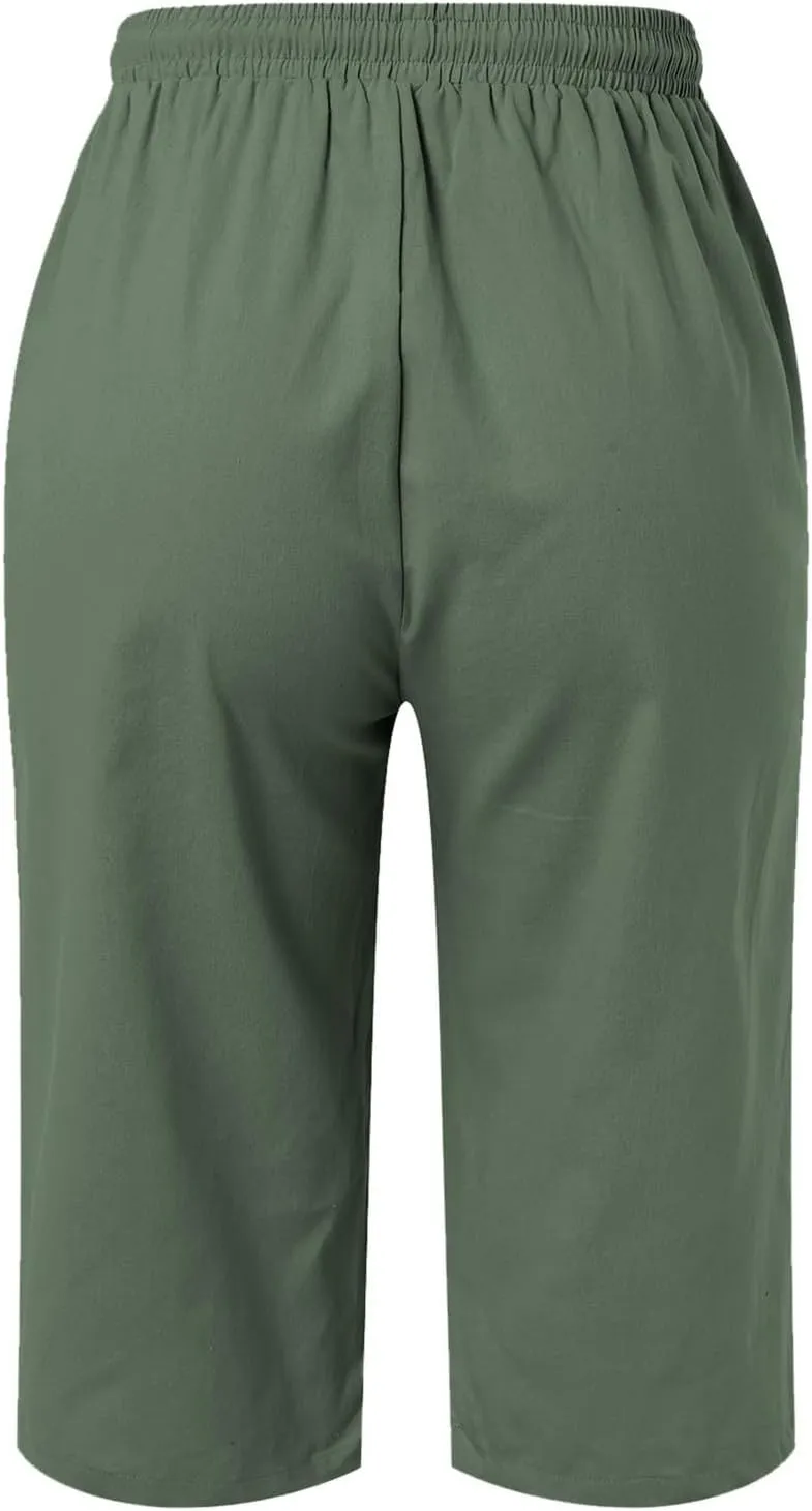 Women's Linen Capris 2025 Summer Casual Plus Size Pants Elastic High Waisted Drawstring Rolled Hem Shorts with Pockets