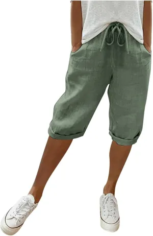 Women's Linen Capris 2025 Summer Casual Plus Size Pants Elastic High Waisted Drawstring Rolled Hem Shorts with Pockets