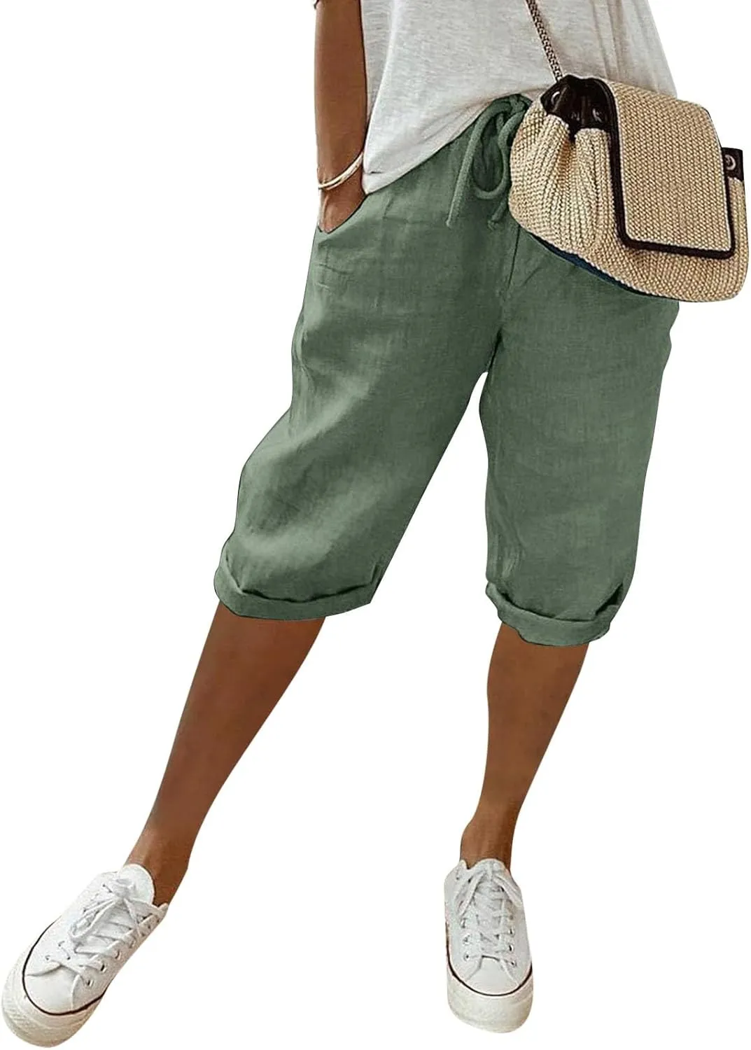 Women's Linen Capris 2025 Summer Casual Plus Size Pants Elastic High Waisted Drawstring Rolled Hem Shorts with Pockets