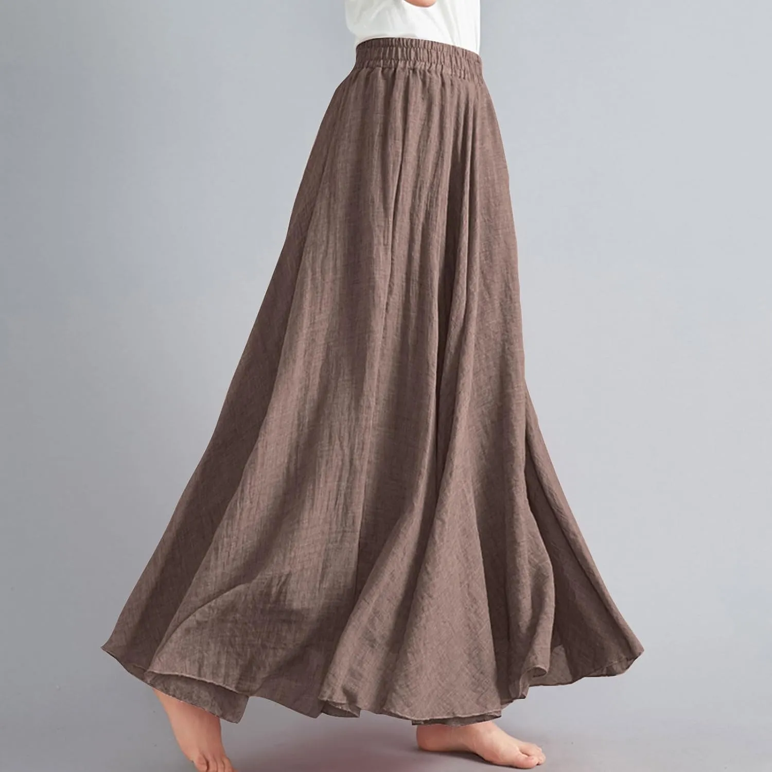 Womens Linen Maxi Skirts Flowy Elegant Pleated Solid Color Skirt High Waisted Plus Size 2025 Trendy Summer Dress