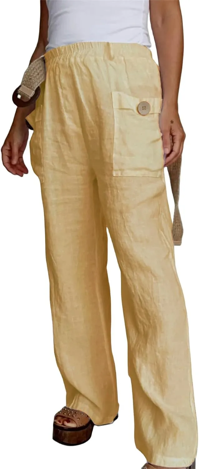 Womens Linen Pants with Pockets Loose Elastic High Waisted Wide Leg Comfy Pant Summer Casual Loose Outdoor Trousers