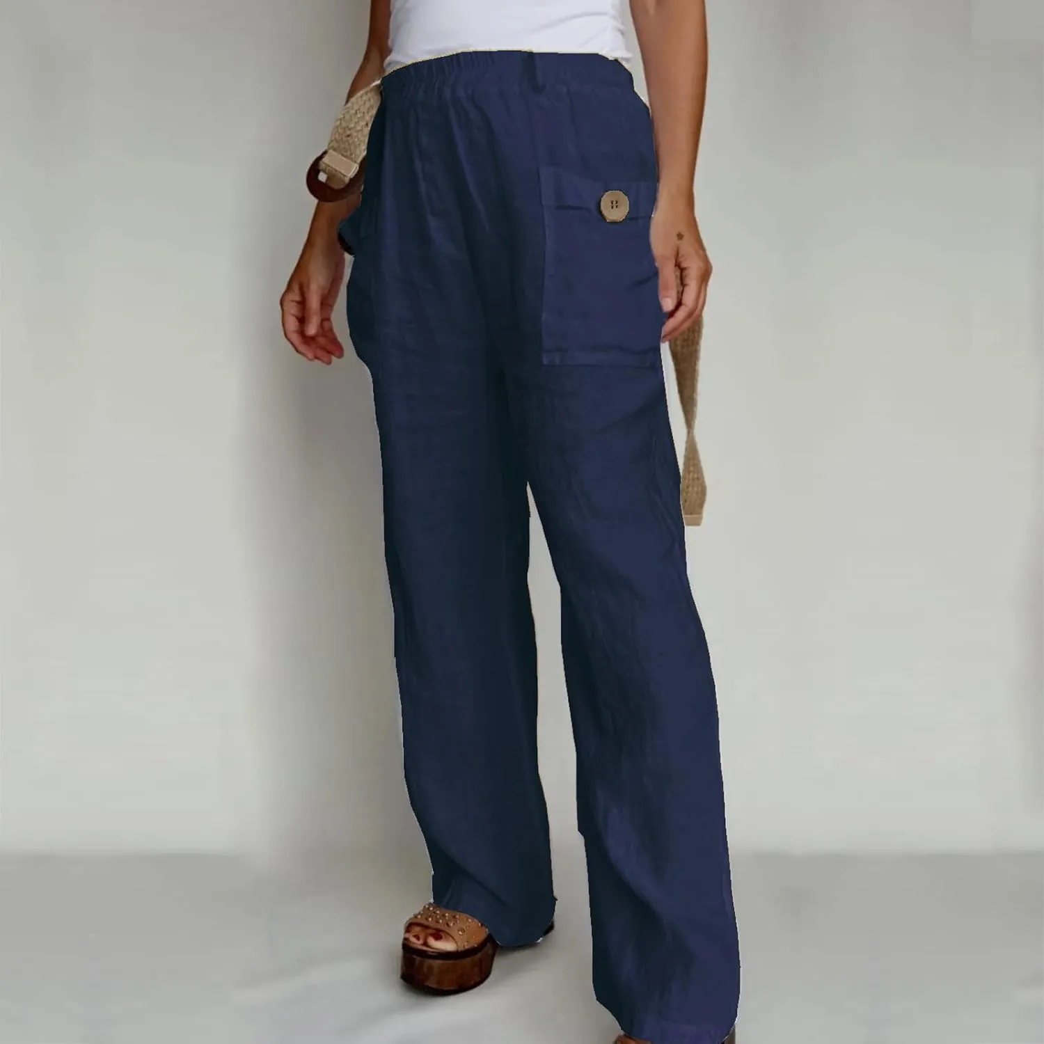 Womens Linen Pants with Pockets Loose Elastic High Waisted Wide Leg Comfy Pant Summer Casual Loose Outdoor Trousers