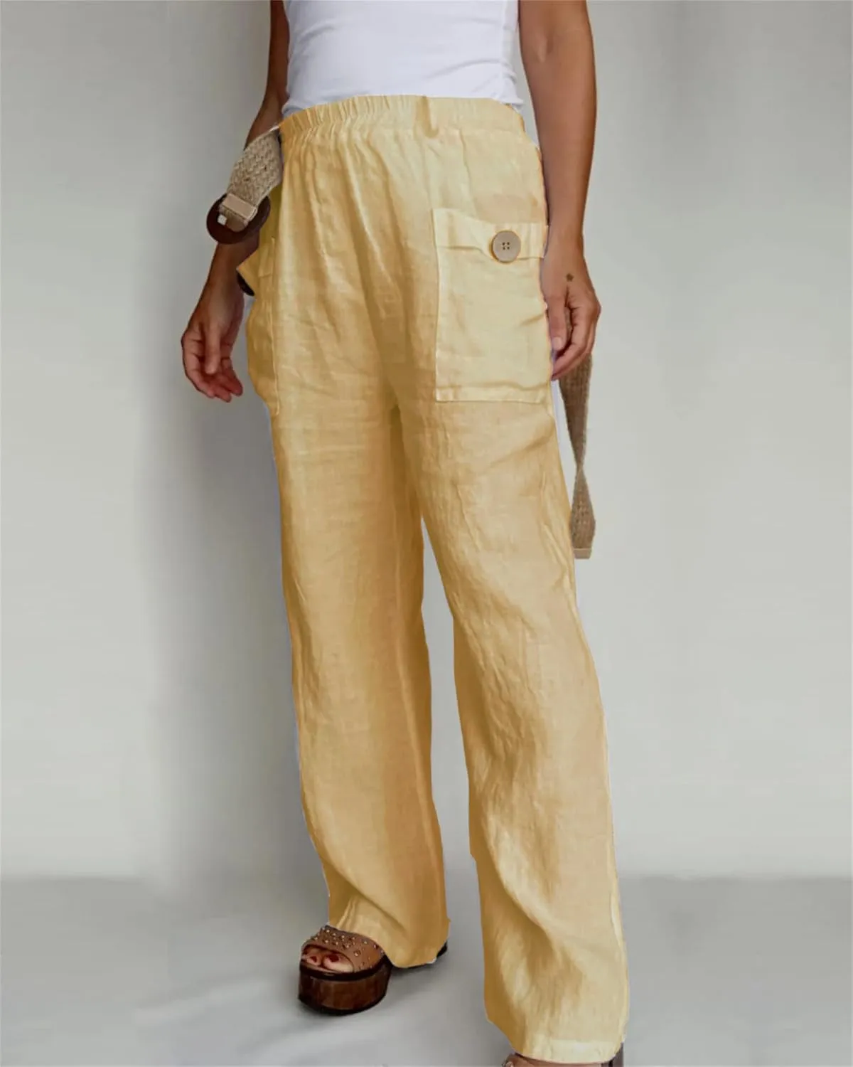 Womens Linen Pants with Pockets Loose Elastic High Waisted Wide Leg Comfy Pant Summer Casual Loose Outdoor Trousers
