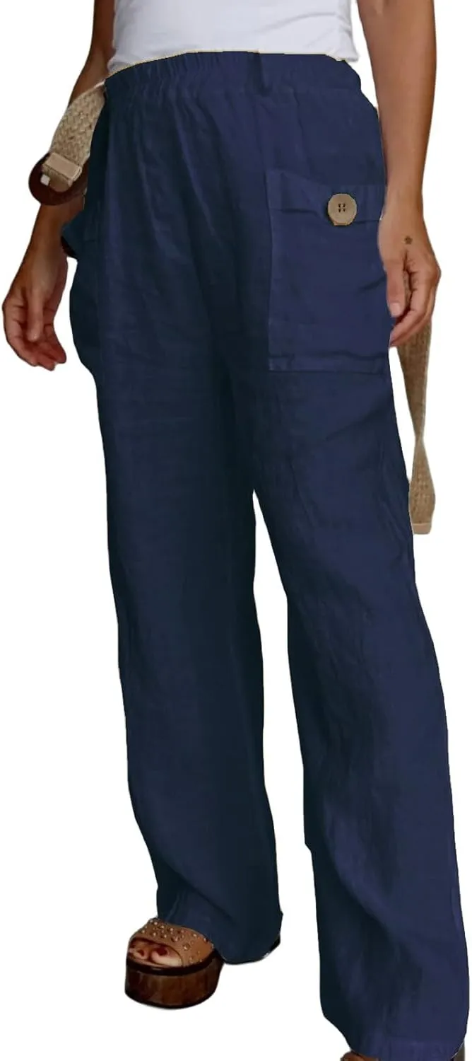 Womens Linen Pants with Pockets Loose Elastic High Waisted Wide Leg Comfy Pant Summer Casual Loose Outdoor Trousers