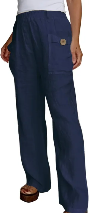 Womens Linen Pants with Pockets Loose Elastic High Waisted Wide Leg Comfy Pant Summer Casual Loose Outdoor Trousers