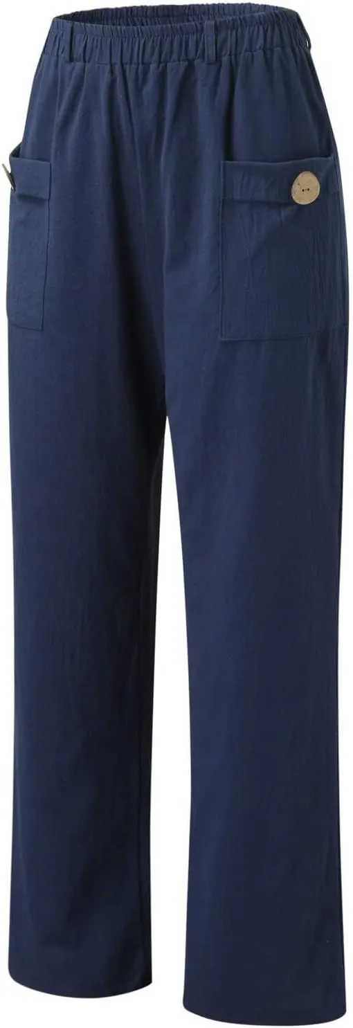 Womens Linen Pants with Pockets Loose Elastic High Waisted Wide Leg Comfy Pant Summer Casual Loose Outdoor Trousers