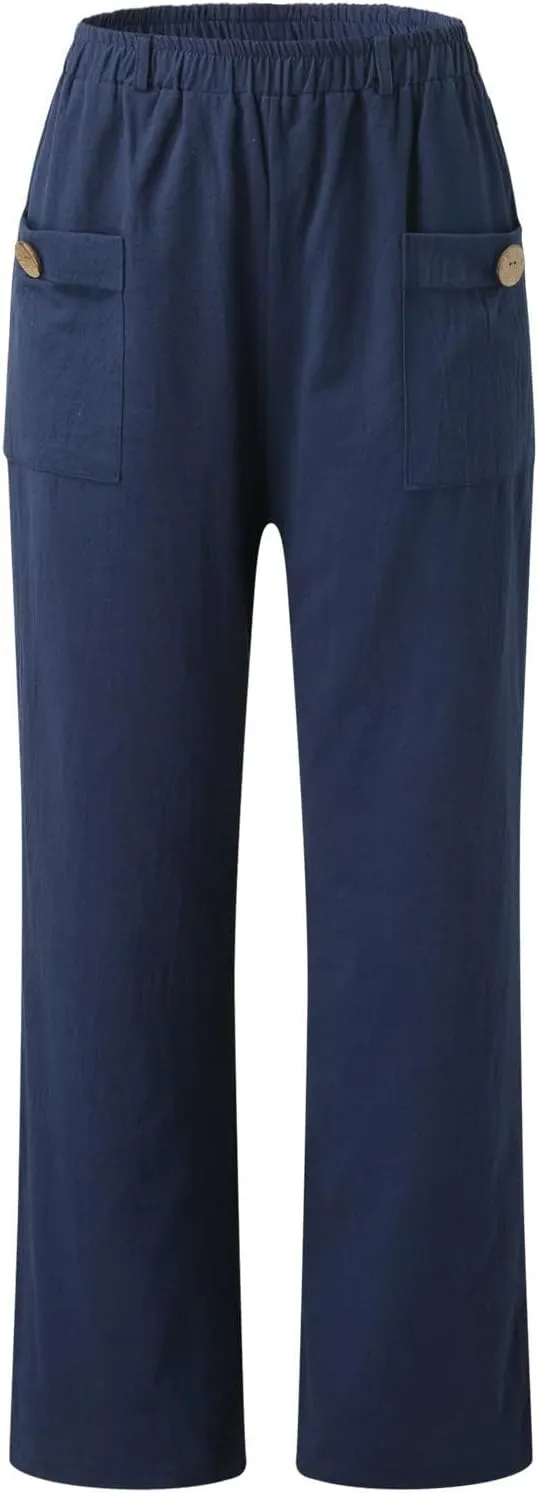 Womens Linen Pants with Pockets Loose Elastic High Waisted Wide Leg Comfy Pant Summer Casual Loose Outdoor Trousers