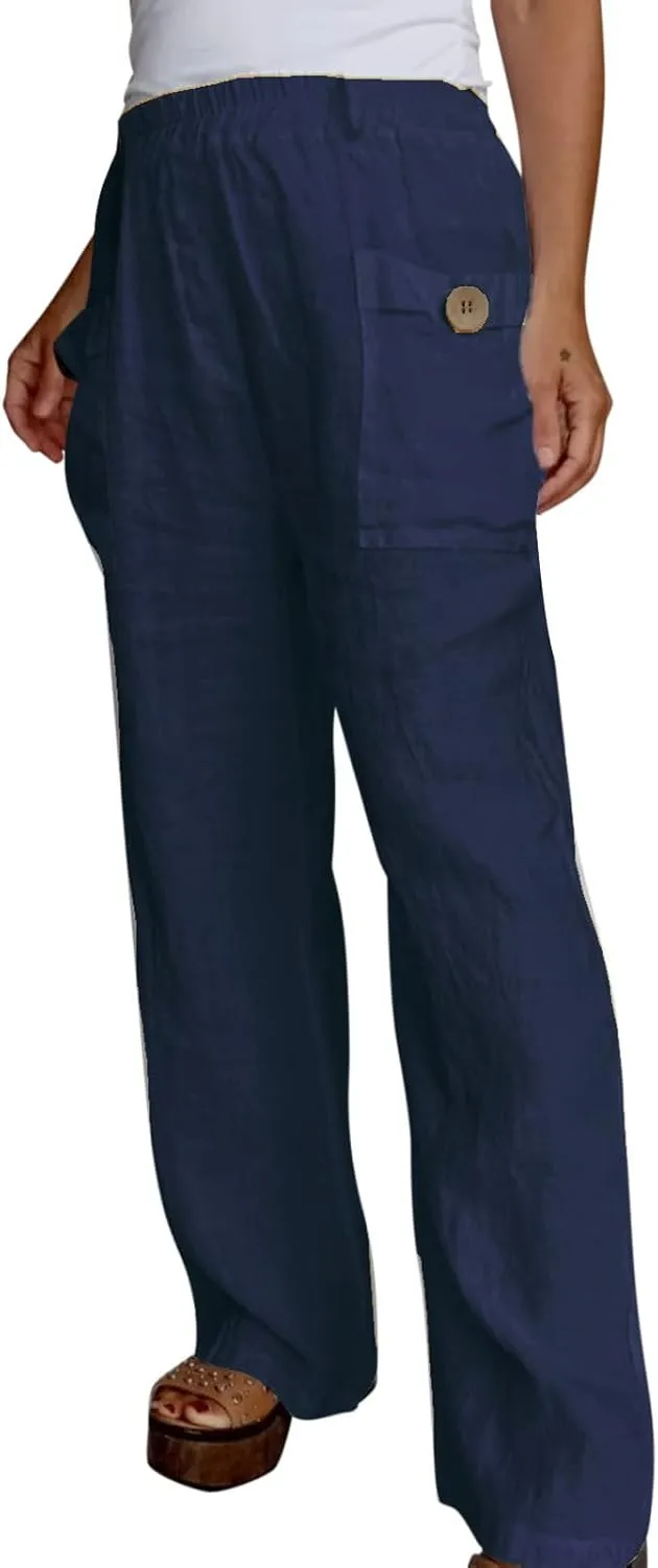 Womens Linen Pants with Pockets Loose Elastic High Waisted Wide Leg Comfy Pant Summer Casual Loose Outdoor Trousers