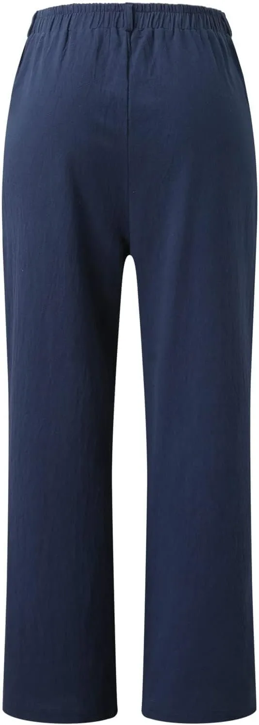 Womens Linen Pants with Pockets Loose Elastic High Waisted Wide Leg Comfy Pant Summer Casual Loose Outdoor Trousers
