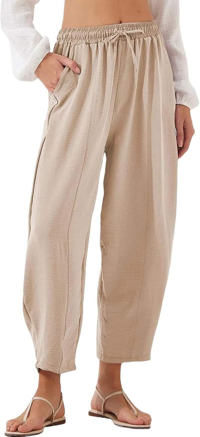 Womens Linen Wide Leg Pants Summer High Waisted Drawstring Elastic Travel Vacation Harem Trousers with Pockets