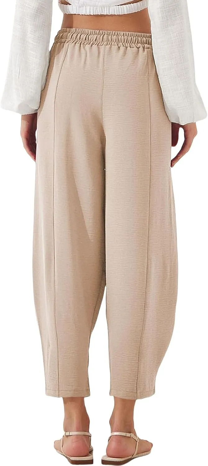 Womens Linen Wide Leg Pants Summer High Waisted Drawstring Elastic Travel Vacation Harem Trousers with Pockets