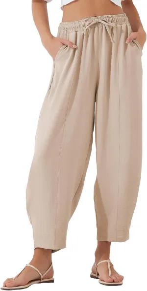 Womens Linen Wide Leg Pants Summer High Waisted Drawstring Elastic Travel Vacation Harem Trousers with Pockets