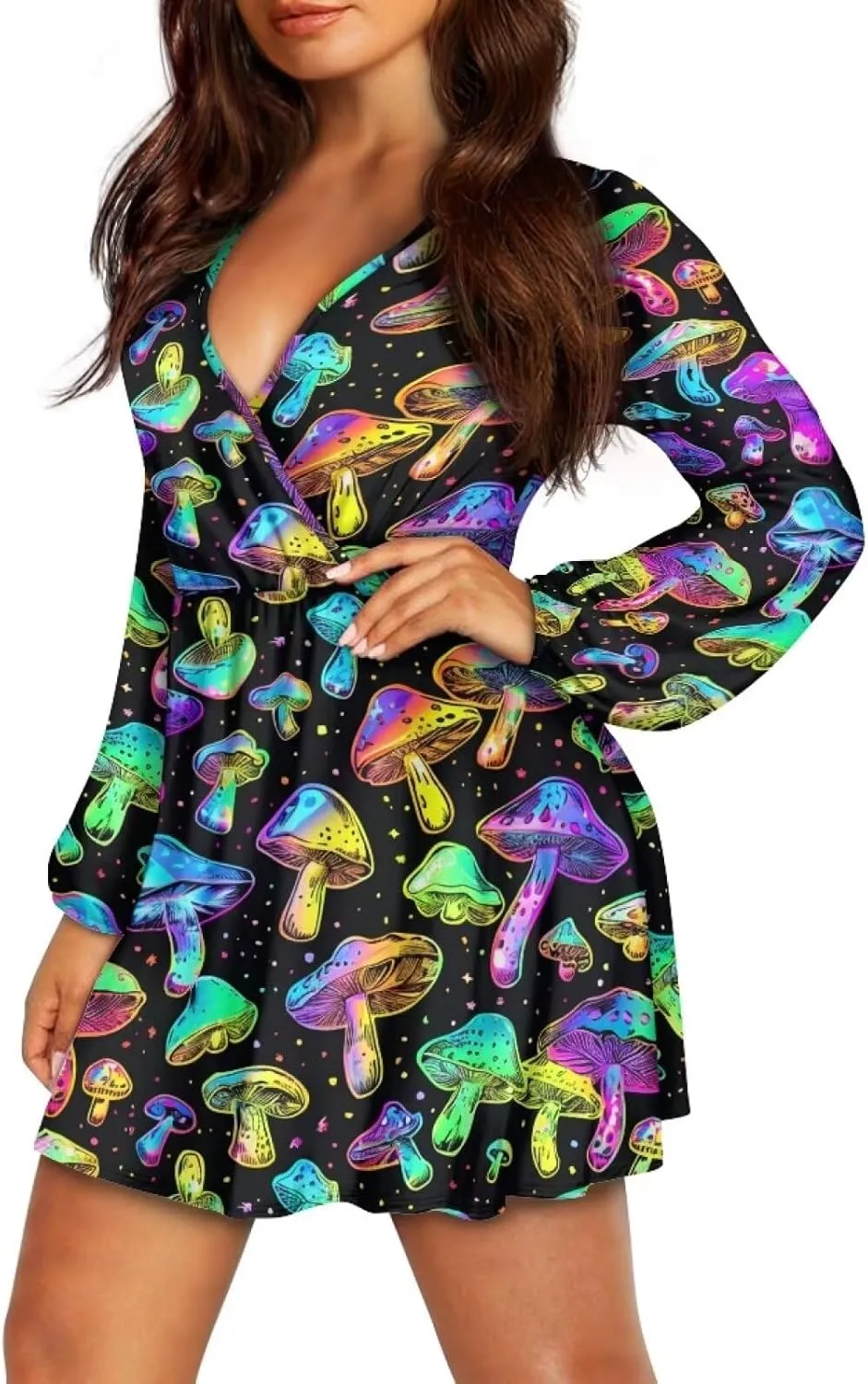 Womens Long Sleeve Mini Dress Deep V Neck Ruffle Flowy Dress Casual Skater Dress