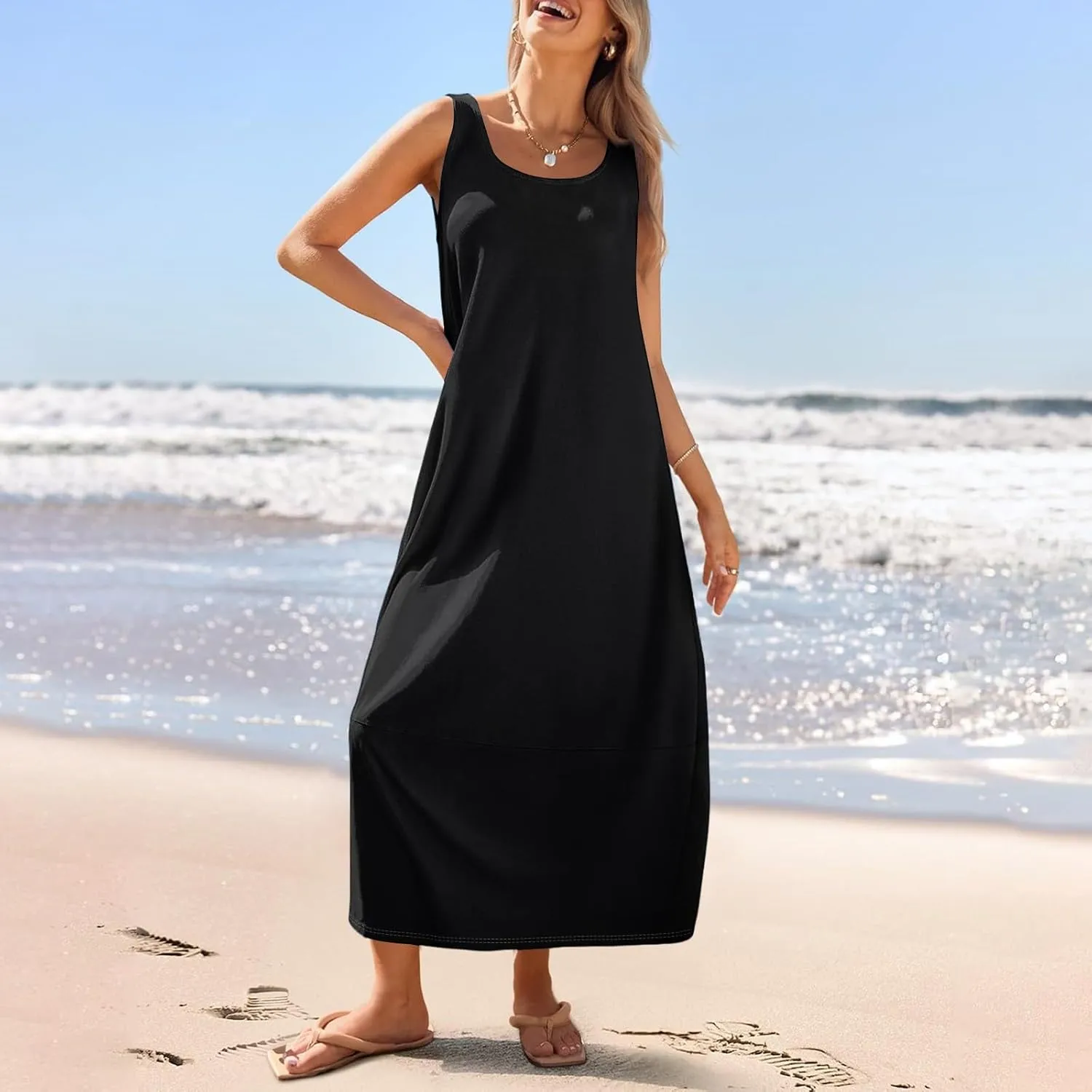 Women's Loose Casual Midi Cotton Dresses Sundress Sleeveless Beach Summer Trendy Tank Top Dress with Pockets