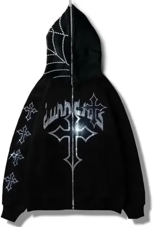 Womens Men Fashion Rhinestone Skull Print Streetwear Zip Up Hoodie Y2k Vintage Graphic Oversized Sweatshirt Jacket