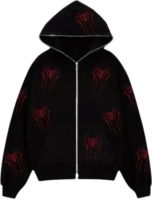 Womens Men Fashion Rhinestone Skull Print Streetwear Zip Up Hoodie Y2k Vintage Graphic Oversized Sweatshirt Jacket