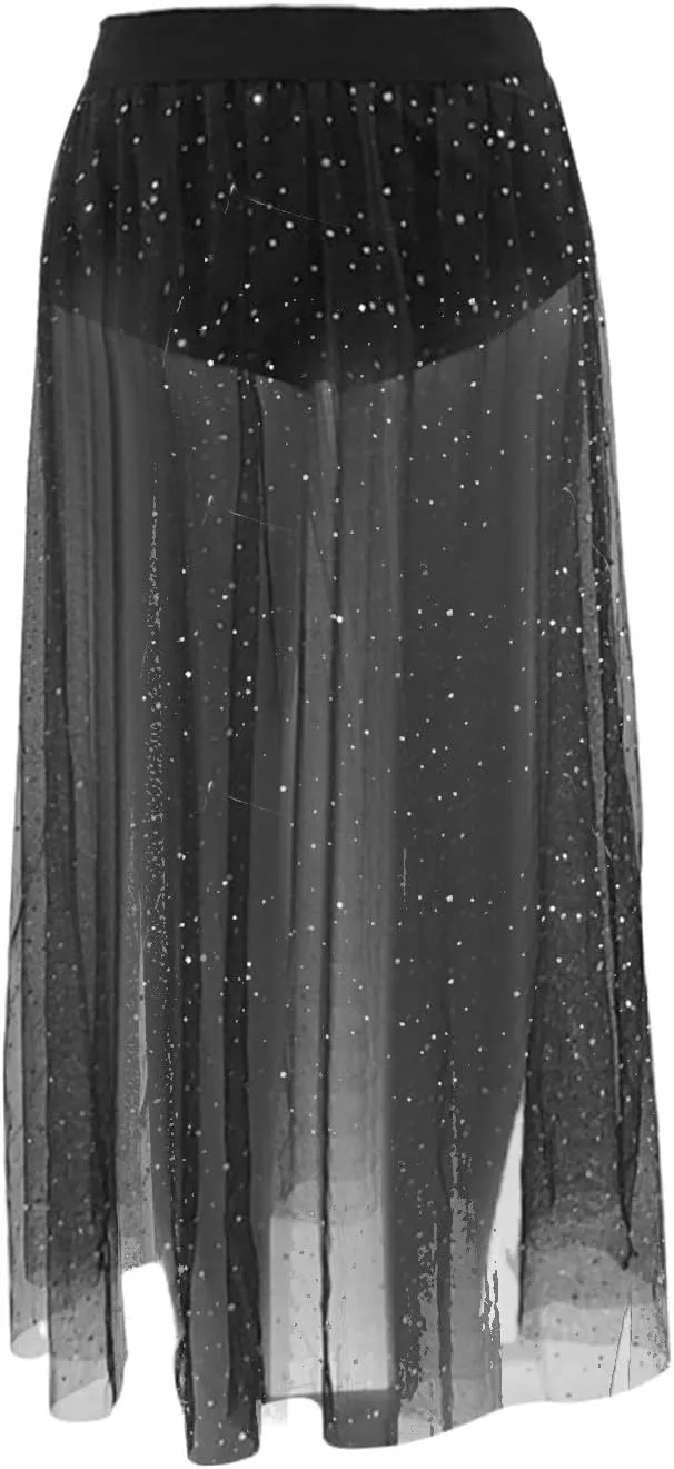 Women's Mesh Sheer Tulle Maxi Skirt Cover Ups, 2 in 1 Sparkle Sequin High Waisted See Through Party Dance Outfits