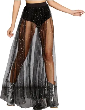Women's Mesh Sheer Tulle Maxi Skirt Cover Ups, 2 in 1 Sparkle Sequin High Waisted See Through Party Dance Outfits