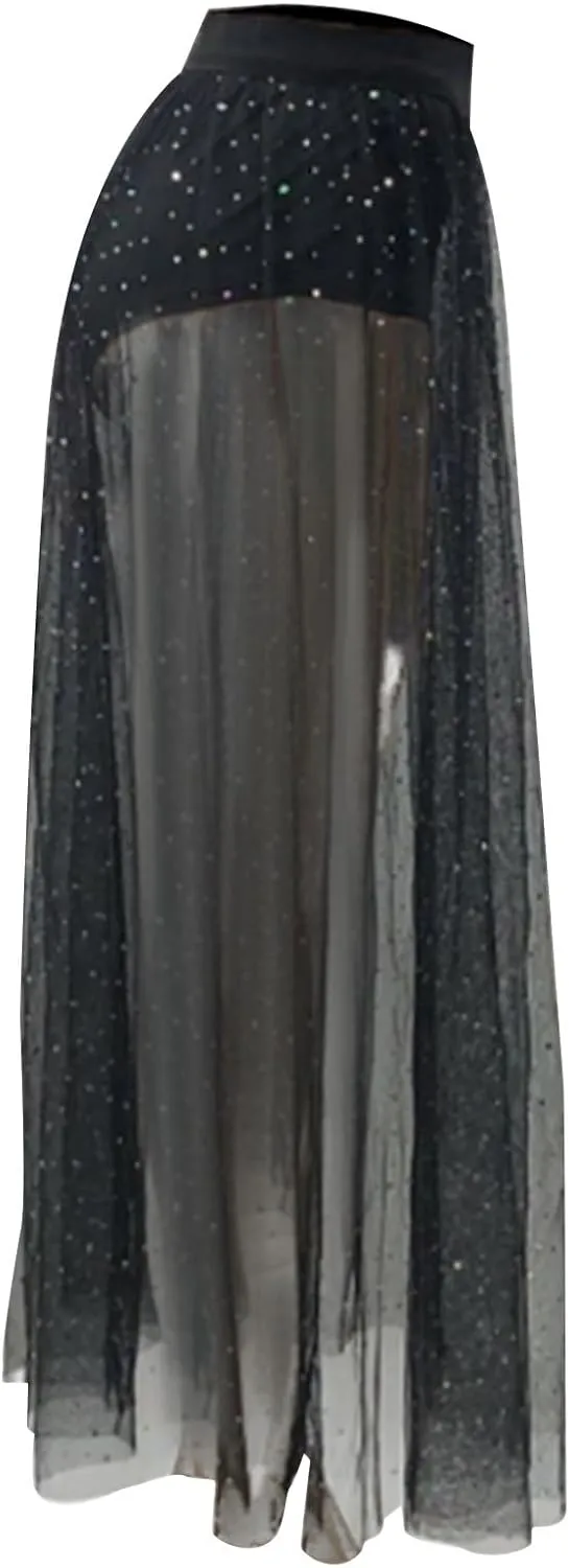 Women's Mesh Sheer Tulle Maxi Skirt Cover Ups, 2 in 1 Sparkle Sequin High Waisted See Through Party Dance Outfits