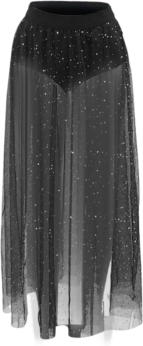 Women's Mesh Sheer Tulle Maxi Skirt Cover Ups, 2 in 1 Sparkle Sequin High Waisted See Through Party Dance Outfits
