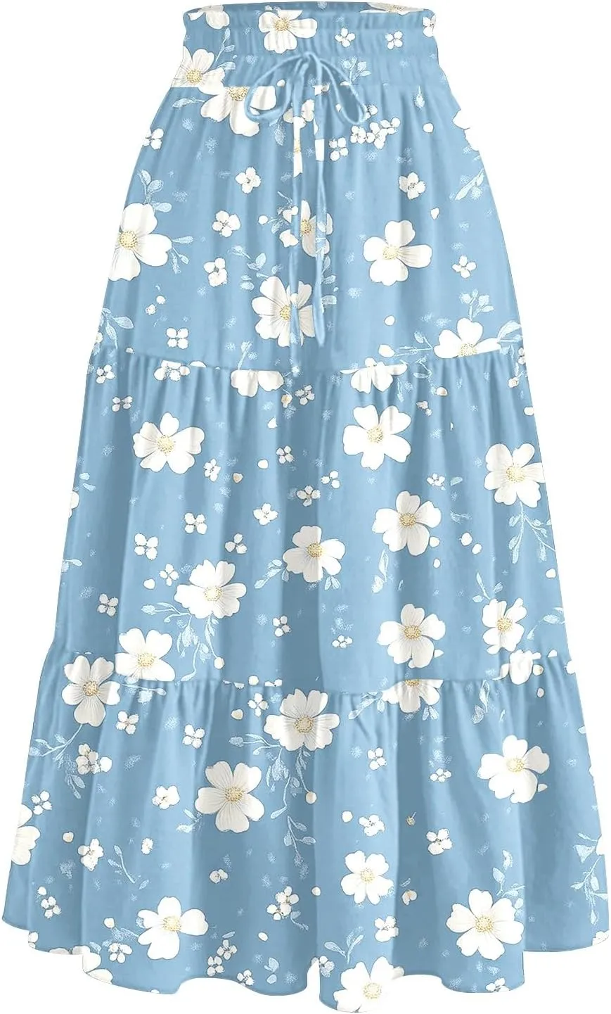Women's Midi Boho Floral Tiered Skirts Trendy Comfy Flowy Drawstring High Elastic Waist Aline Skirt Skorts with Pockets