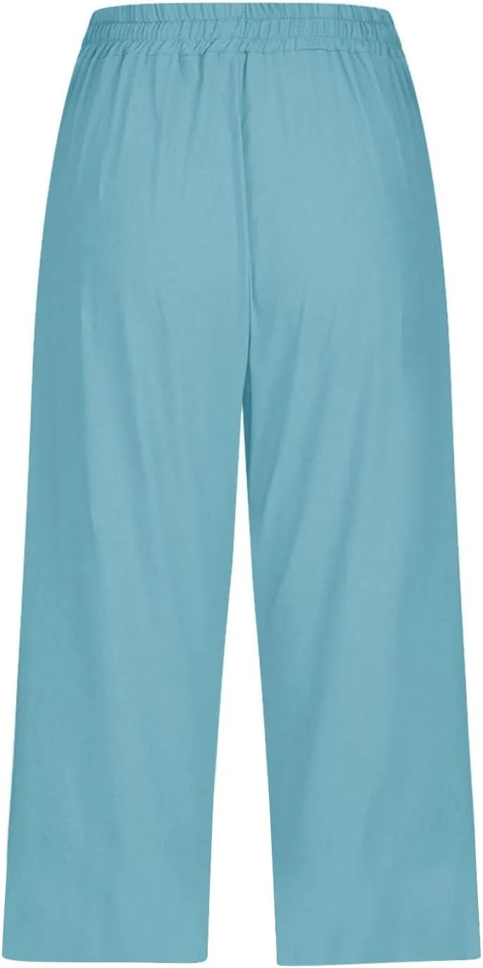 Women's Pants Suit Drawstring Petite Linen Cotton Capri Pants for Women Stretch Cargo Summer Womens Capris Loose