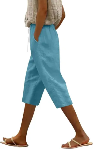 Women's Pants Suit Drawstring Petite Linen Cotton Capri Pants for Women Stretch Cargo Summer Womens Capris Loose