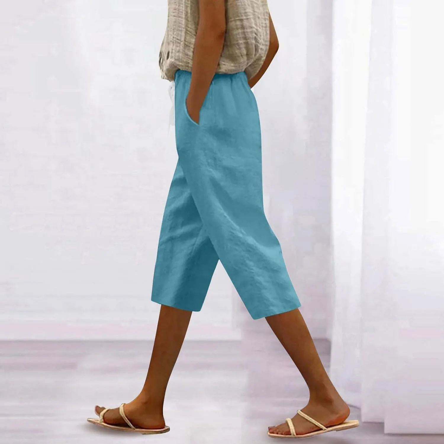 Women's Pants Suit Drawstring Petite Linen Cotton Capri Pants for Women Stretch Cargo Summer Womens Capris Loose