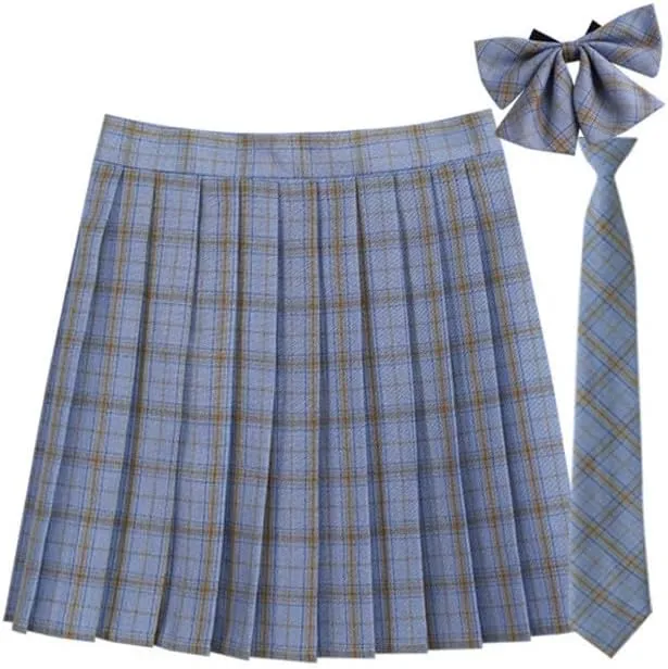 Women's Plaid Pleated Skirt Vintage High Waisted Uniform Preppy A-line Mini Skirts Fashion Short Skirt with Ties