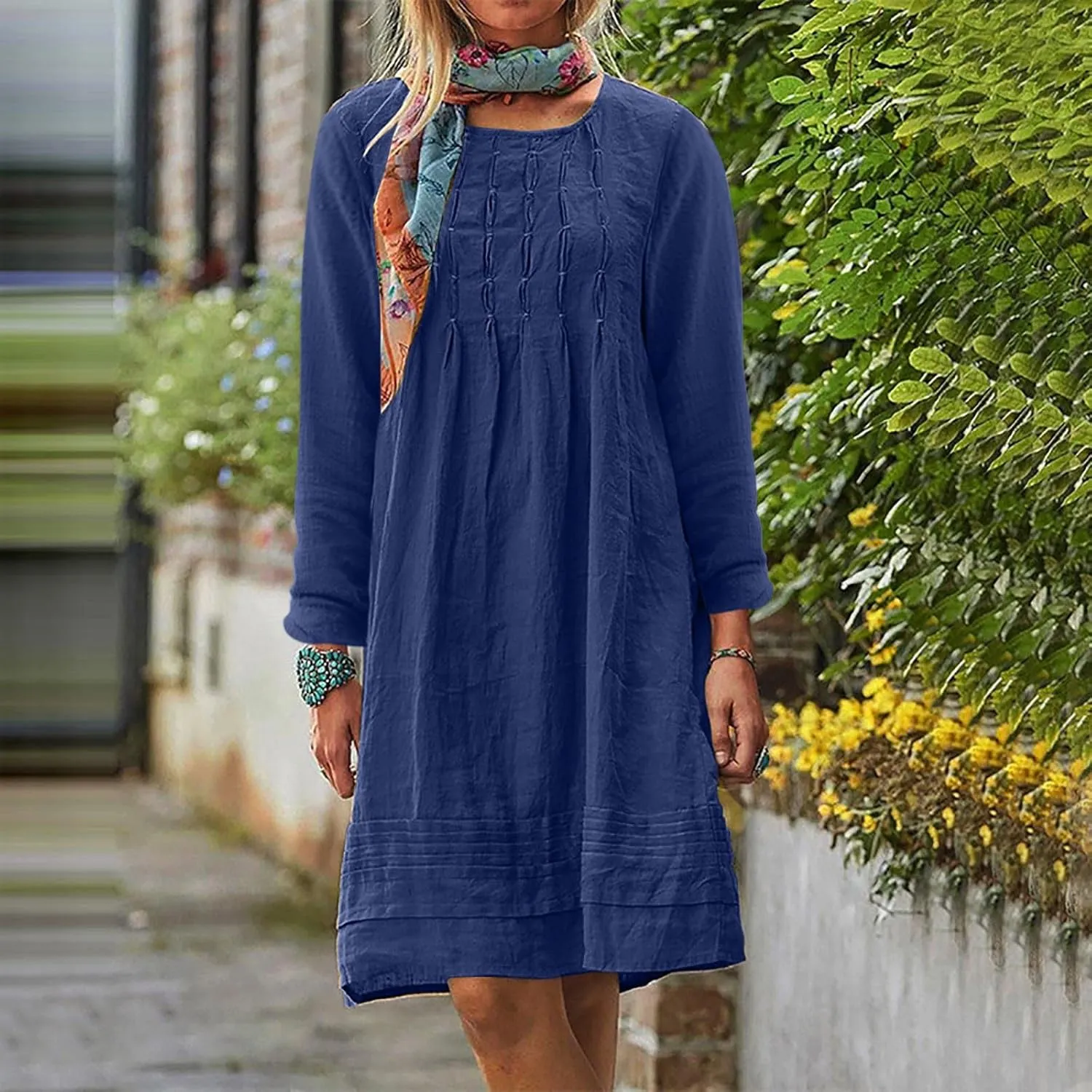 Women's Plain Cotton Linen Dresses Long Sleeve Knee-Length Peasant Dress Boho Plus Size Loose Fit Pleated Midi Dress