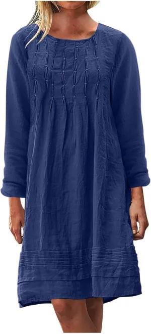 Women's Plain Cotton Linen Dresses Long Sleeve Knee-Length Peasant Dress Boho Plus Size Loose Fit Pleated Midi Dress