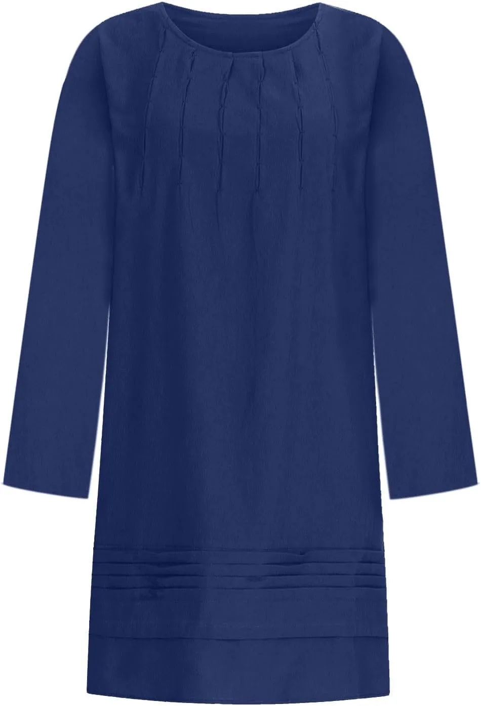 Women's Plain Cotton Linen Dresses Long Sleeve Knee-Length Peasant Dress Boho Plus Size Loose Fit Pleated Midi Dress