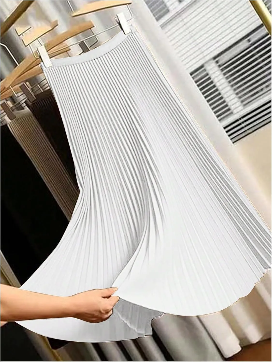 Women's Pleated A Line Midi Skirts Elastic Waist Flared Elegant Office Work Flowy Skirt