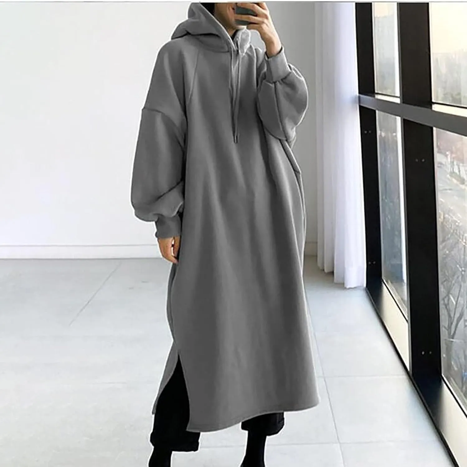 Women's Pullover Hoodie Maxi Dress 2024 Baggy Loose Long Sleeve Hooded Sweatshirt with Pockets