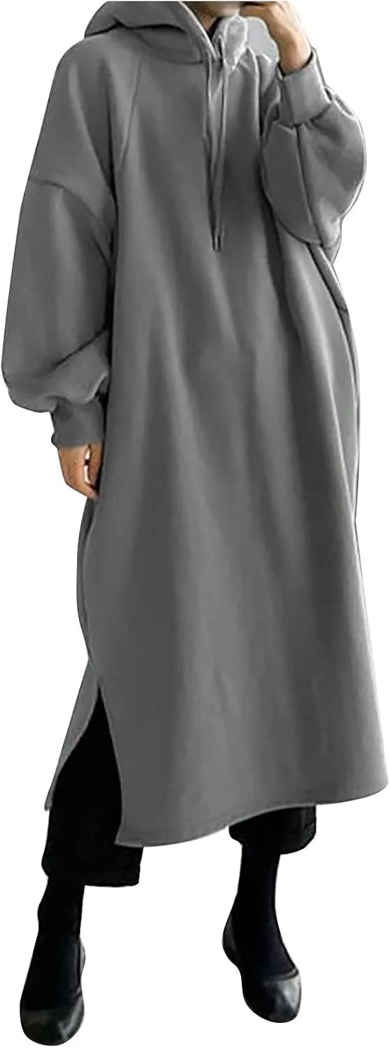 Women's Pullover Hoodie Maxi Dress 2024 Baggy Loose Long Sleeve Hooded Sweatshirt with Pockets