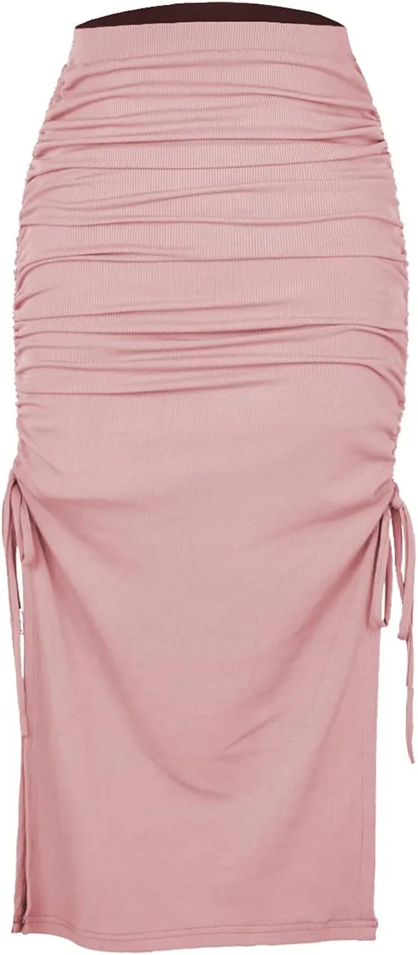 Women's Ribbed High Waist Ruched Drawstring Side Split Bodycon Party Maxi Skirt