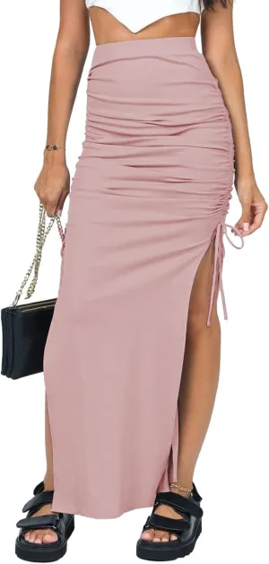 Women's Ribbed High Waist Ruched Drawstring Side Split Bodycon Party Maxi Skirt