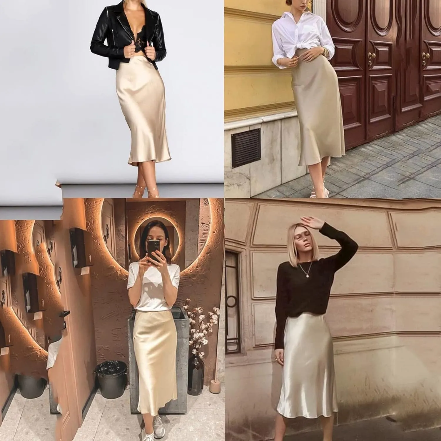 Womens Satin Skirts Casual Silk Midi Skirt High Waisted Flared A-line Long Skirts Zipper Elegant Work Skirts