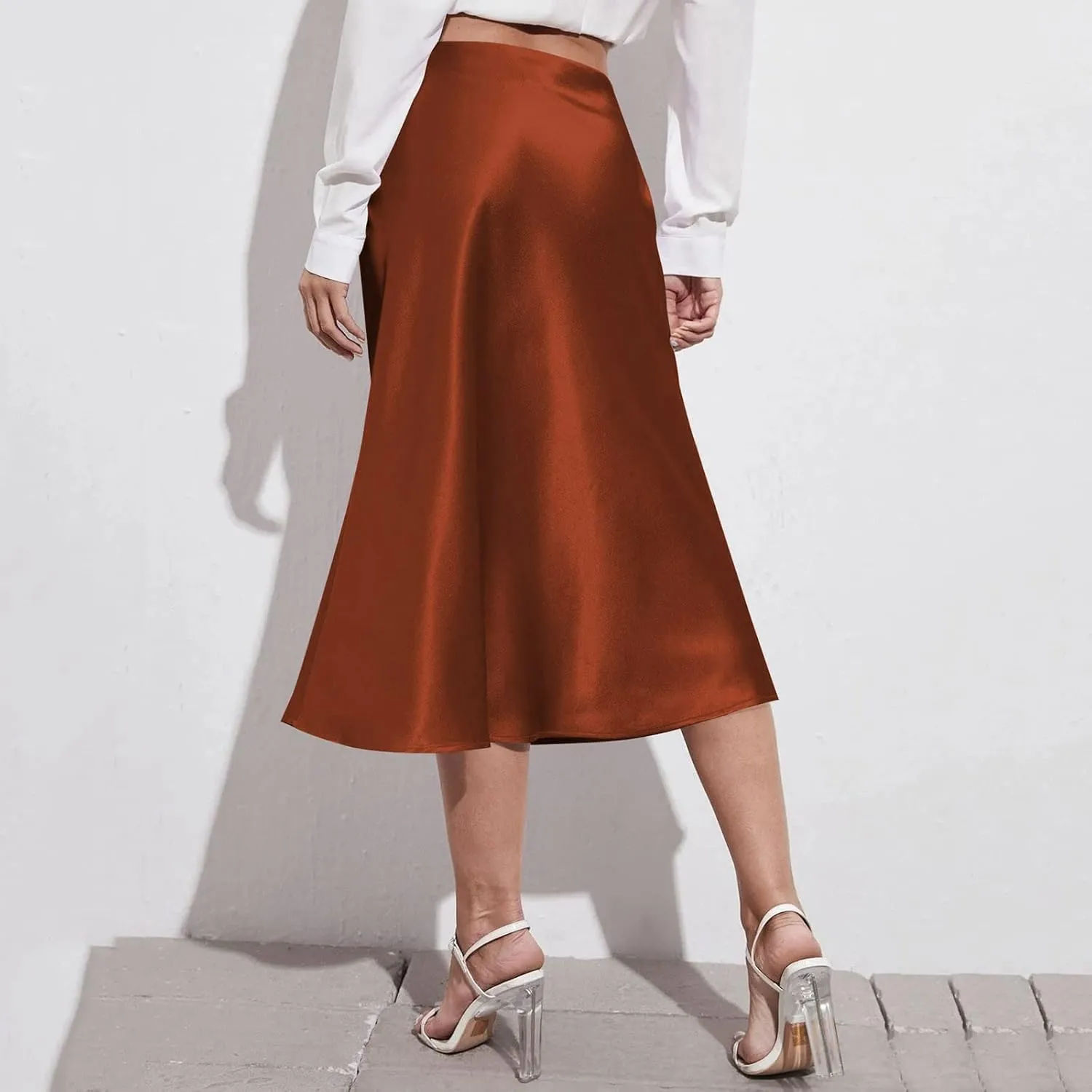 Womens Satin Skirts Casual Silk Midi Skirt High Waisted Flared A-line Long Skirts Zipper Elegant Work Skirts