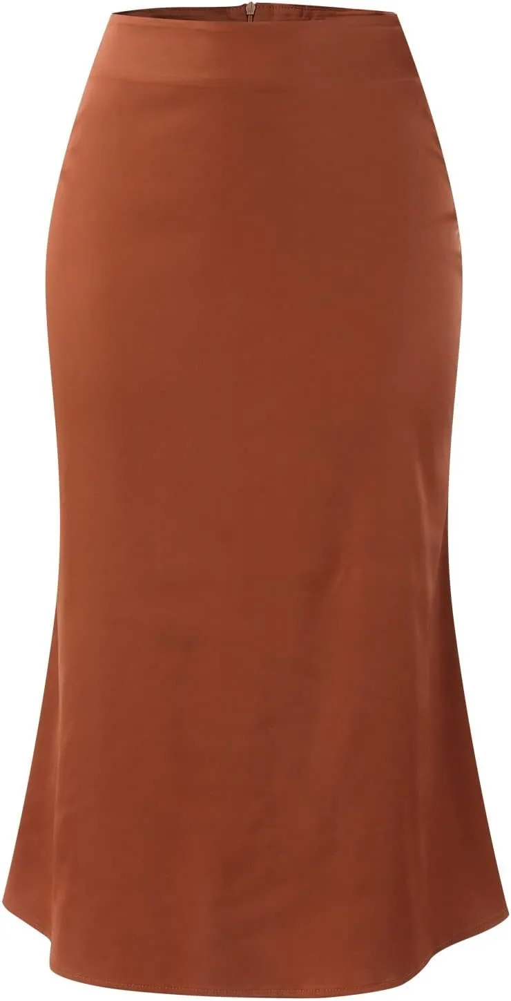 Womens Satin Skirts Casual Silk Midi Skirt High Waisted Flared A-line Long Skirts Zipper Elegant Work Skirts