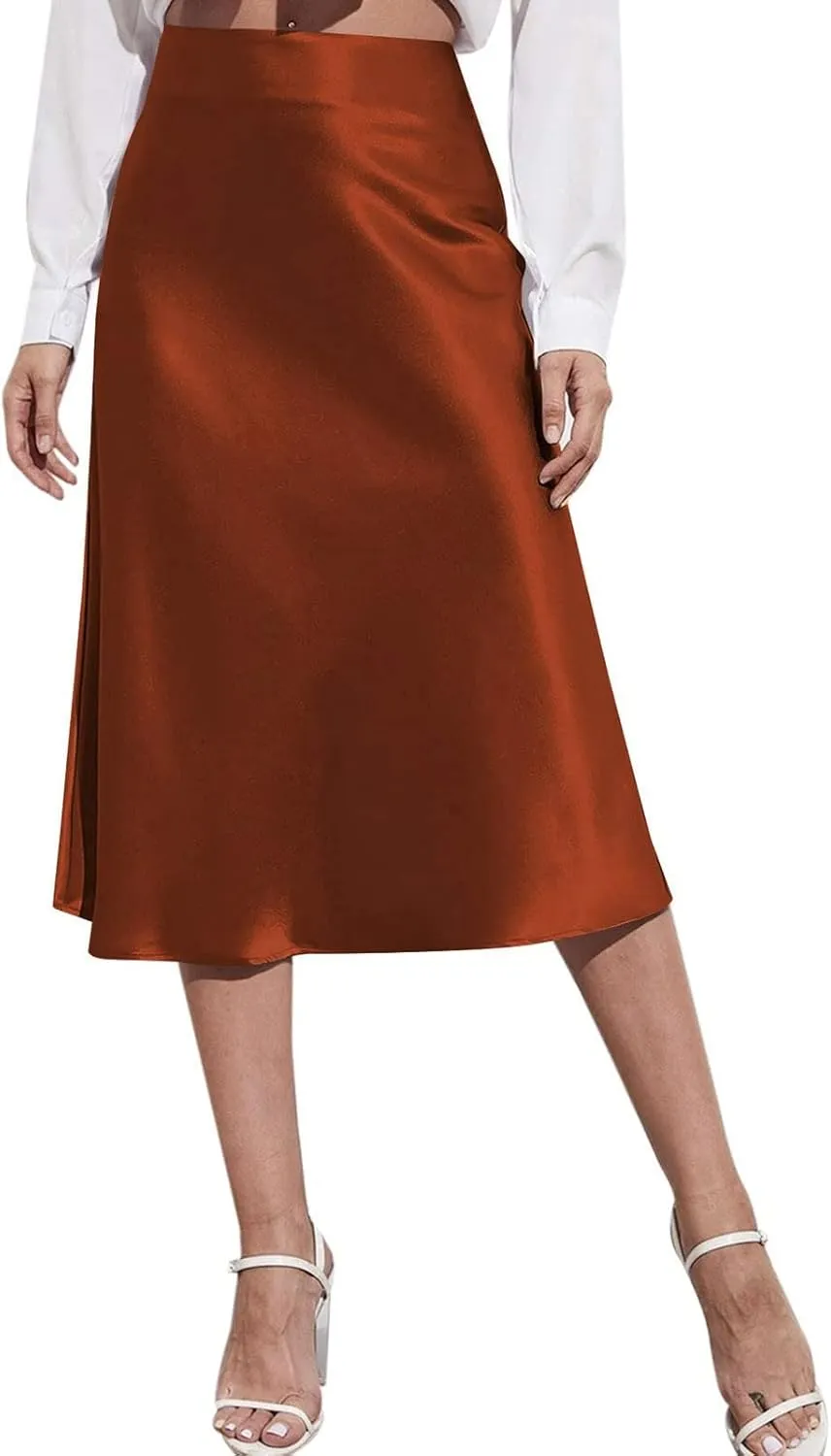 Womens Satin Skirts Casual Silk Midi Skirt High Waisted Flared A-line Long Skirts Zipper Elegant Work Skirts