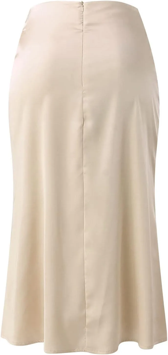 Womens Satin Skirts Casual Silk Midi Skirt High Waisted Flared A-line Long Skirts Zipper Elegant Work Skirts